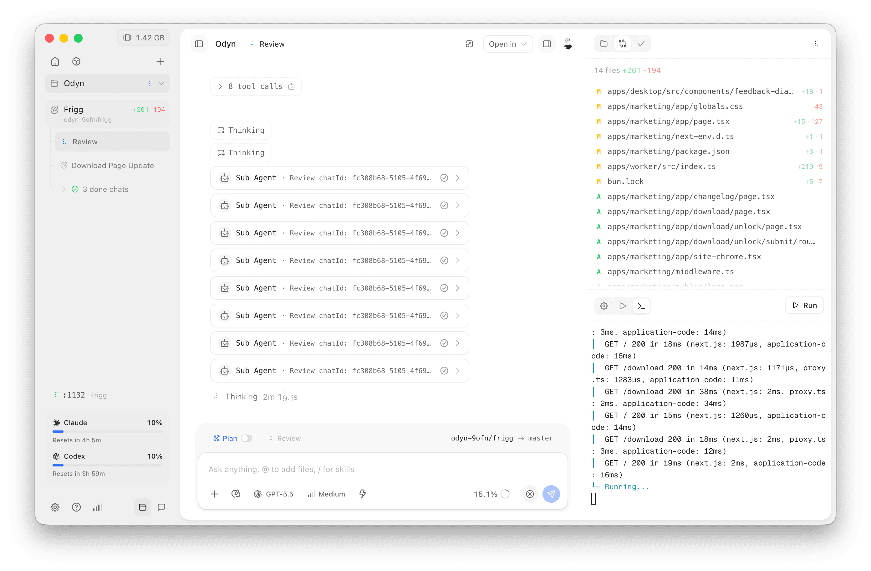 Odyn app — sidebar with chats and sub-agents, a review conversation, and a diff + activity panel